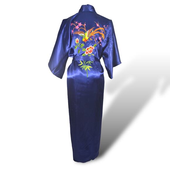 Vintage Kimono Blue Satin Embroidered Boho Floral Bird Swim Cover Gown Robe S - Picture 1 of 6